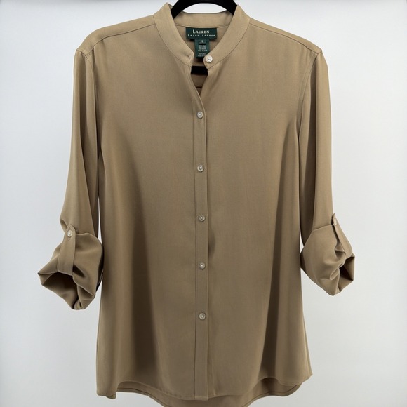WOMENS LAUREN RALPH LAUREN TAN MANDARIN COLLAR SILK BLOUSE TOP SMALL - Picture 2 of 8